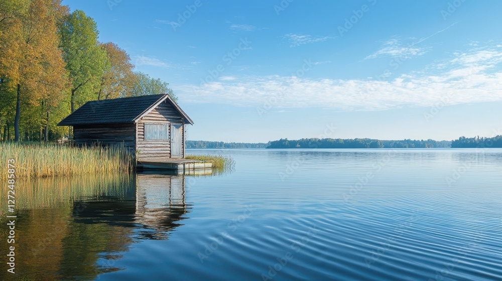 Fototapeta premium Tranquil Lakeside Haven with Rustic Boathouse and Serene Water Reflections