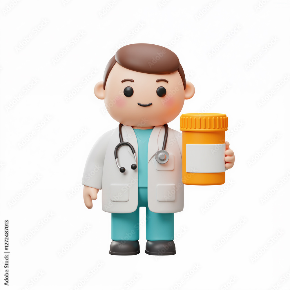 Medical hospital doctor holding a large pill bottle - cartoon character isolated on white Medical hospital doctor holding a large pill bottle - cartoon character isolated on white