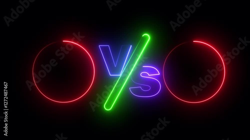 Neon Versus banner with blue sparkling lightning. VS collision of metal letters Vector realistic isolated neon sign of Versus frames logo for template decoration and covering on the black background.  photo