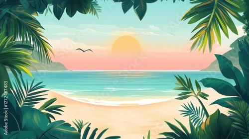 Tropical Beach Oasis: A serene tropical beach scene framed by lush green foliage, capturing the tranquil beauty of the ocean under the warm glow of the sun, inviting relaxation and escape.