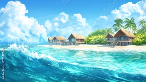 Paradise Found: Discover serenity at a tropical beach, the turquoise ocean gently kissing the shore as wooden bungalows stand against a canvas of a cloud-filled sky and palm trees.