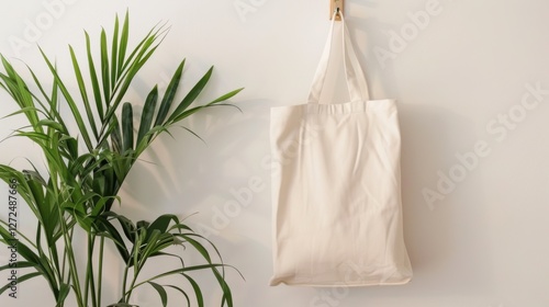 Wallpaper Mural A simple organic cotton tote bag on a hook beside a lush green plant Torontodigital.ca