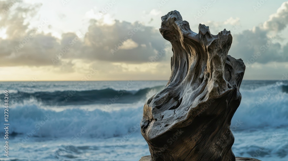Weathered Driftwood Sculpture by Ocean Waves at Sunset Weathered Driftwood Sculpture by Ocean Waves at Sunset