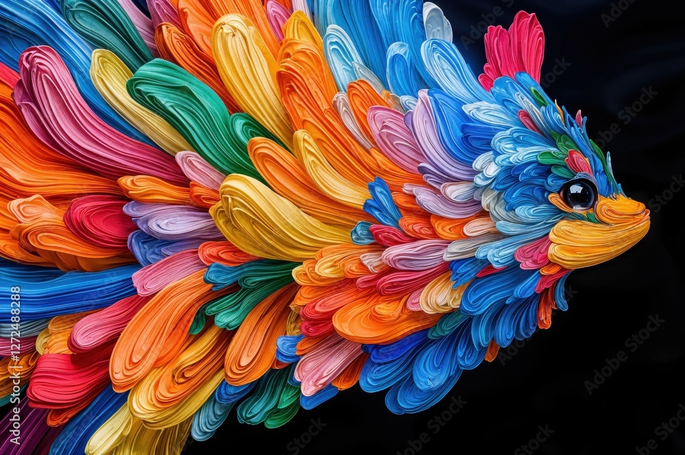 Fototapeta premium A dazzling fish crafted from swirling colors glides gracefully against a dark backdrop, showcasing artistry and creativity with every vibrant brushstroke.