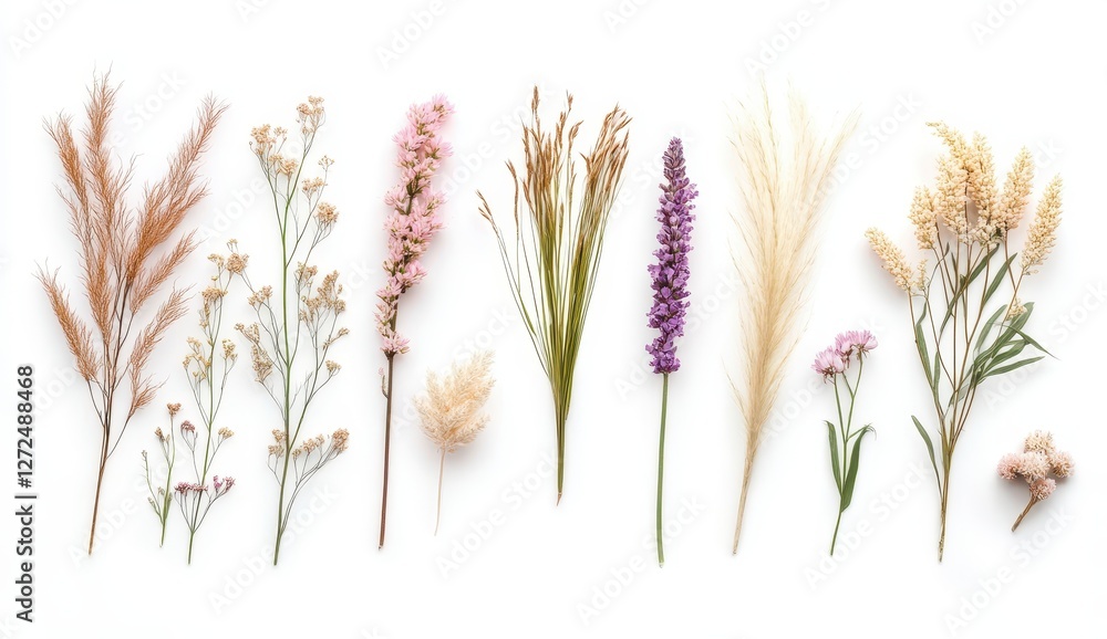 Delicate Natural Dried Flowers Arrangement on a White Background Delicate Natural Dried Flowers Arrangement on a White Background