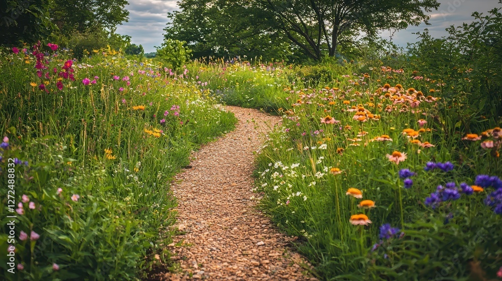 Fototapeta premium Meandering Rustic Garden Path Through Blooming Seasonal Wildflowers