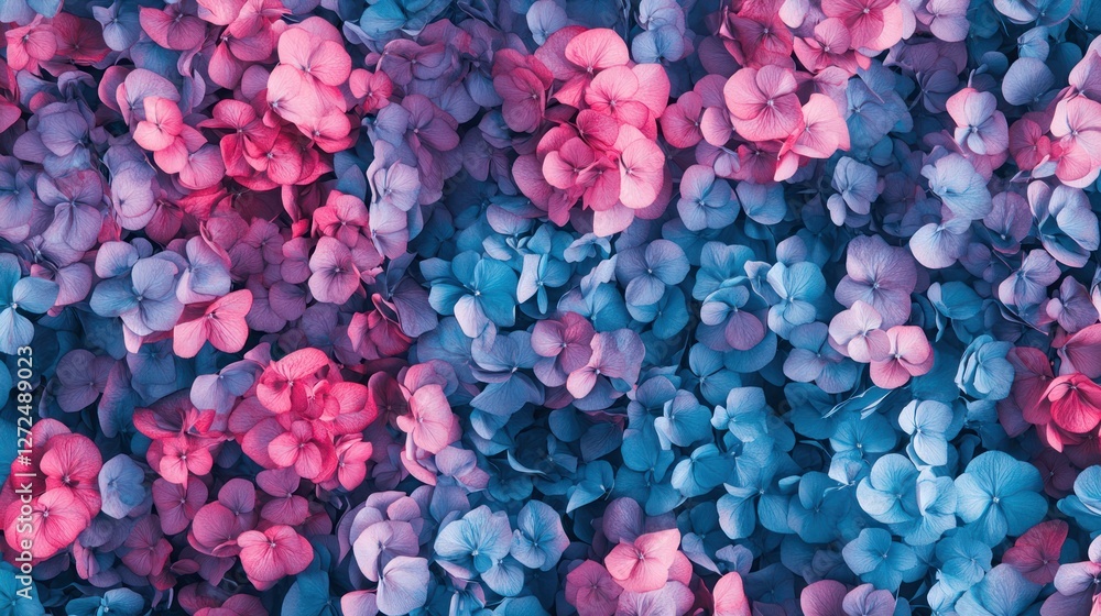 Fototapeta premium Pink and blue hydrangea blossoms, floral background, garden, nature texture, website design
