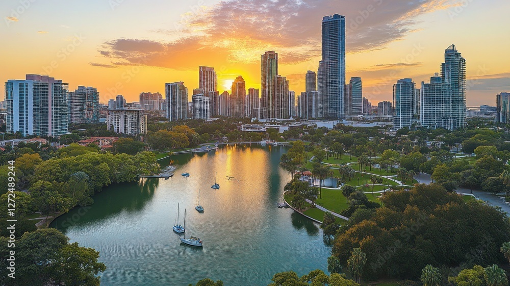 Fototapeta premium Miami Skyline Sunrise: Cityscape, Lake, and Golden Hour