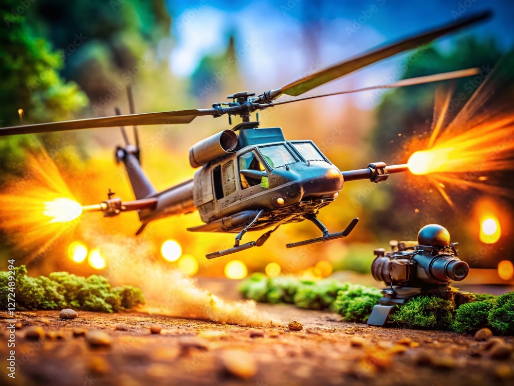 Obraz premium Miniature Army Helicopter Launching Anti-Tank Missile: Dramatic Tilt-Shift Stock Photo