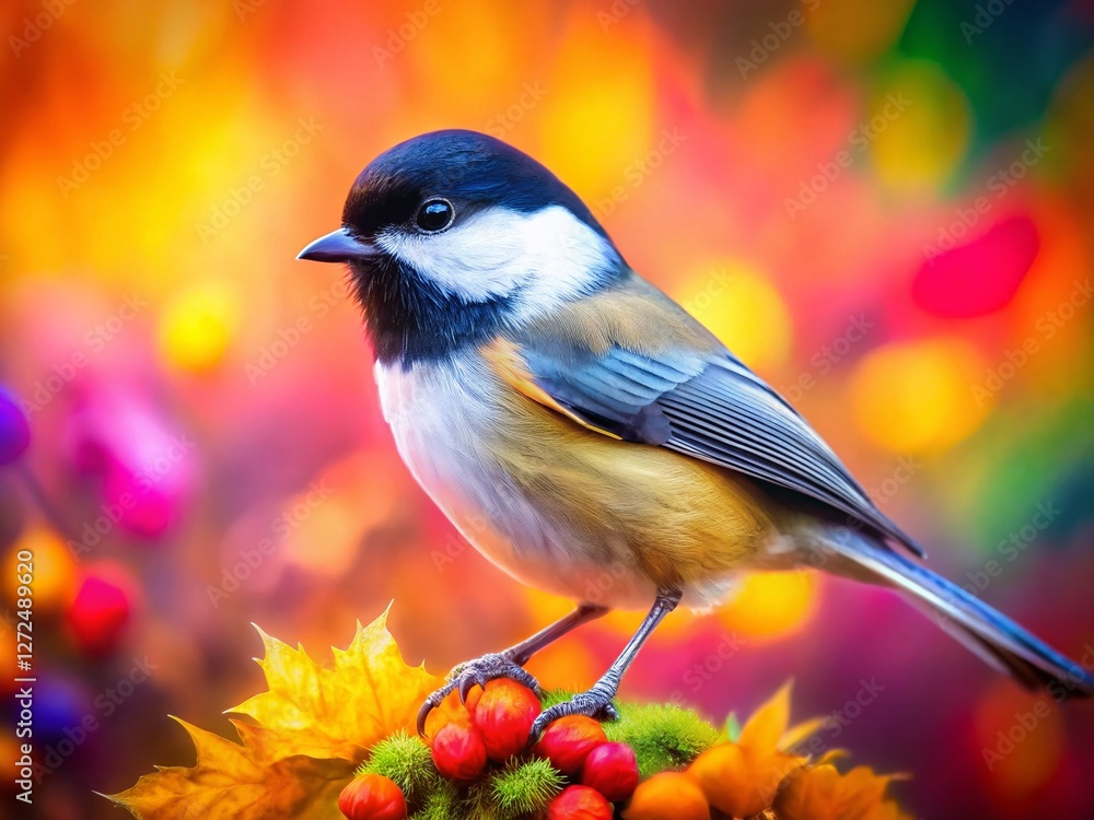 Obraz premium Miniature Black-capped Chickadee Watercolor Painting, Tilt-Shift Photography