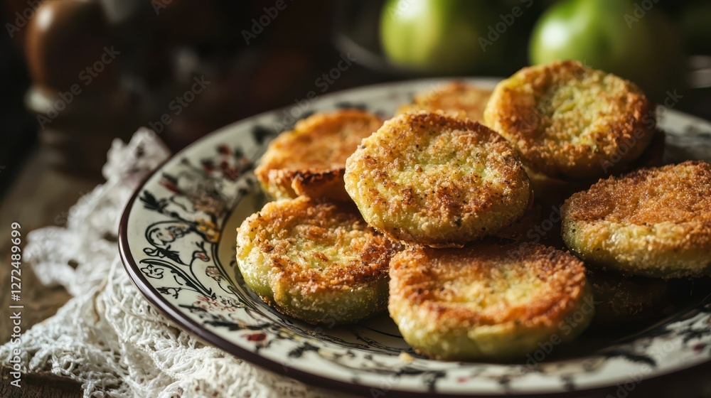 Crispy Fried Green Tomatoes on Rustic Plate with Natural Backdrop Crispy Fried Green Tomatoes on Rustic Plate with Natural Backdrop
