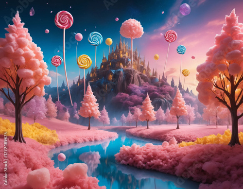 Enchanted Lollipop Forest with Glowing Candy Trees in a Fantasy World photo