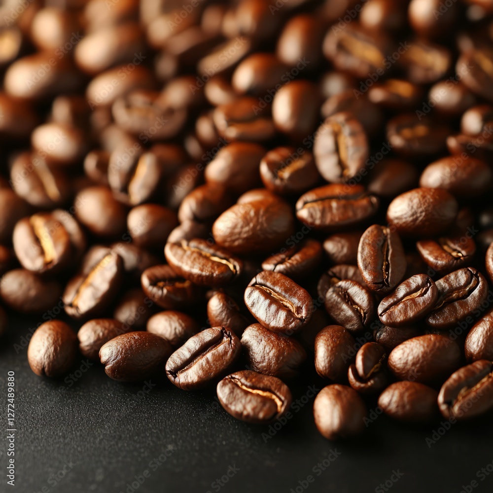 Naklejka premium Close-up of roasted coffee beans scattered on a dark surface, highlighting texture