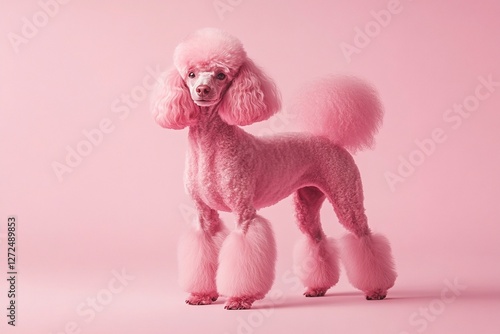 A fluffy pink poodle poses against a matching pink background. This adorable pup's stylish haircut and vibrant color create a fun, playful mood.