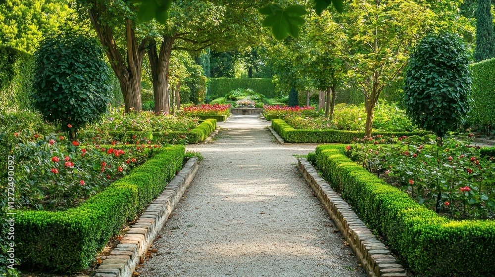 Scenic Pathway Through a Beautiful Formal Garden in Full Bloom Scenic Pathway Through a Beautiful Formal Garden in Full Bloom