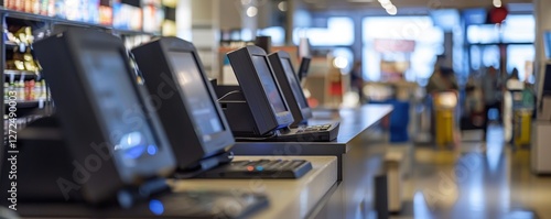 modern self-checkout kiosks in a retail store