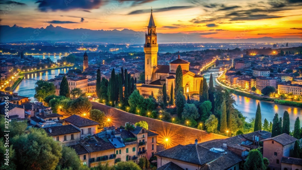 Obraz premium Verona's Santuario Madonna Lourdes: a stunning night scene captured.