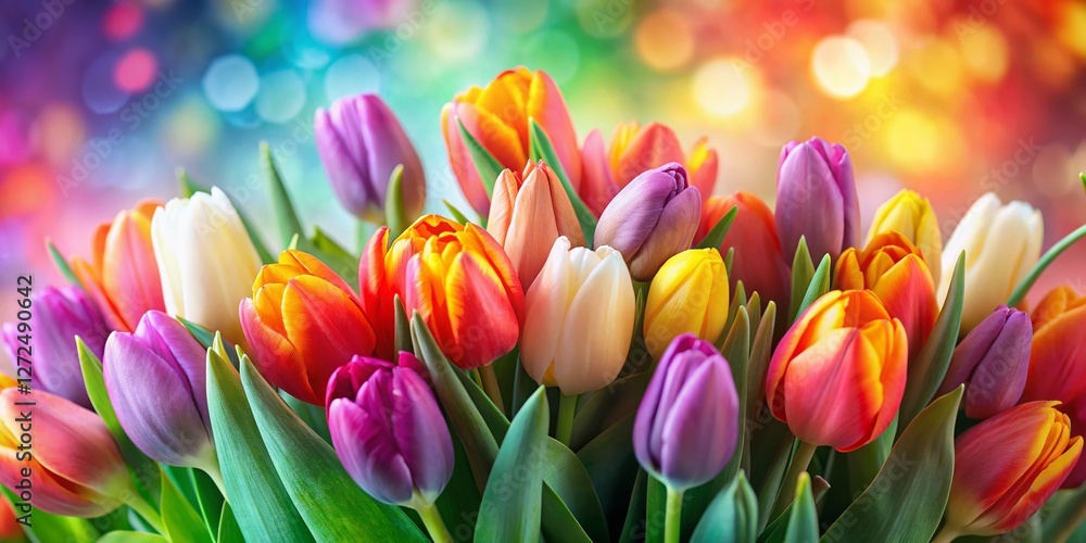 Obraz premium Miniature Colorful Tulip Bouquet - Charming Spring Flowers in Tilt-Shift