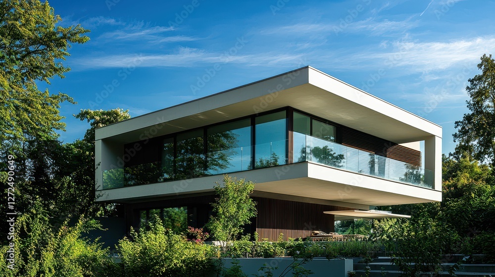 Fototapeta premium Serene Modern Architectural Scene with Lush Surroundings