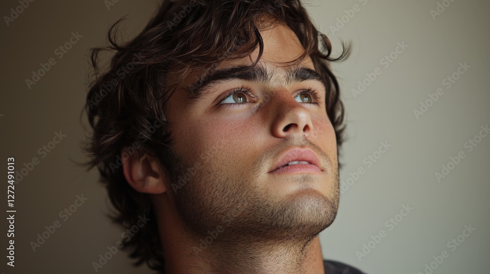 Fototapeta premium Thoughtful Young Man Looking Upwards in Natural Light Portrait