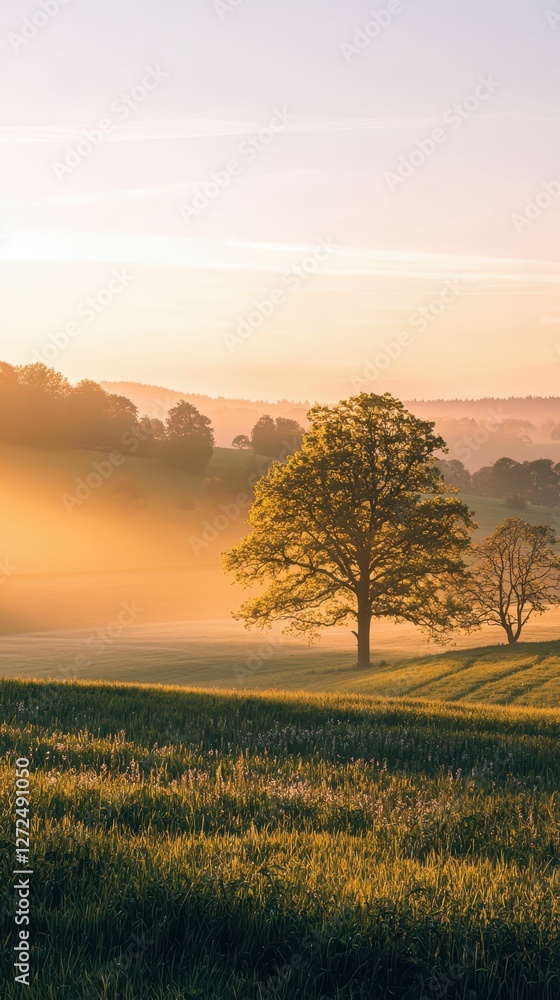 Serene Countryside Landscape Illuminated by Golden Sunrise Light Serene Countryside Landscape Illuminated by Golden Sunrise Light