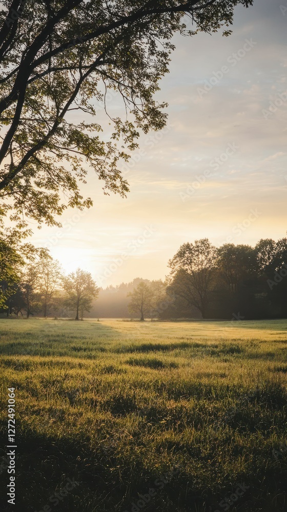 Serene Countryside Landscape Illuminated by Gentle Morning Light