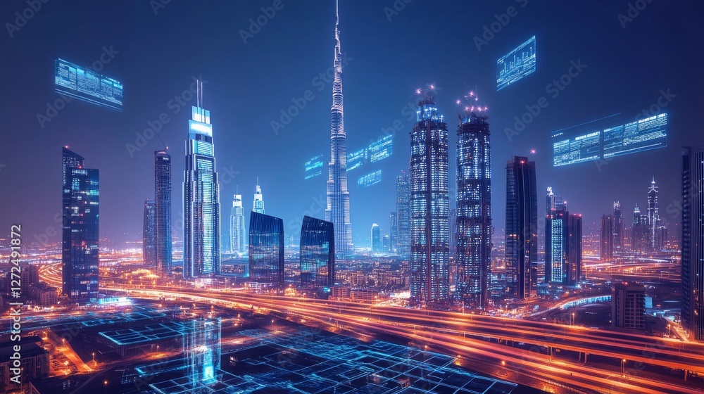 Smart city at night, futuristic cityscape, data overlays, transportation network