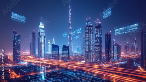 Smart city at night, futuristic cityscape, data overlays, transportation network
