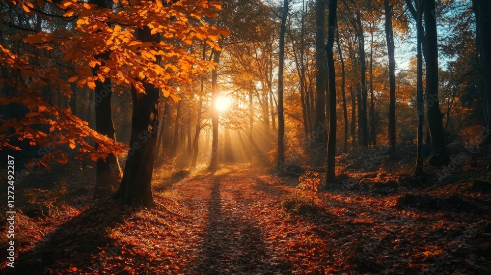 Fototapeta premium Sunbeams illuminate autumn forest path; misty morning