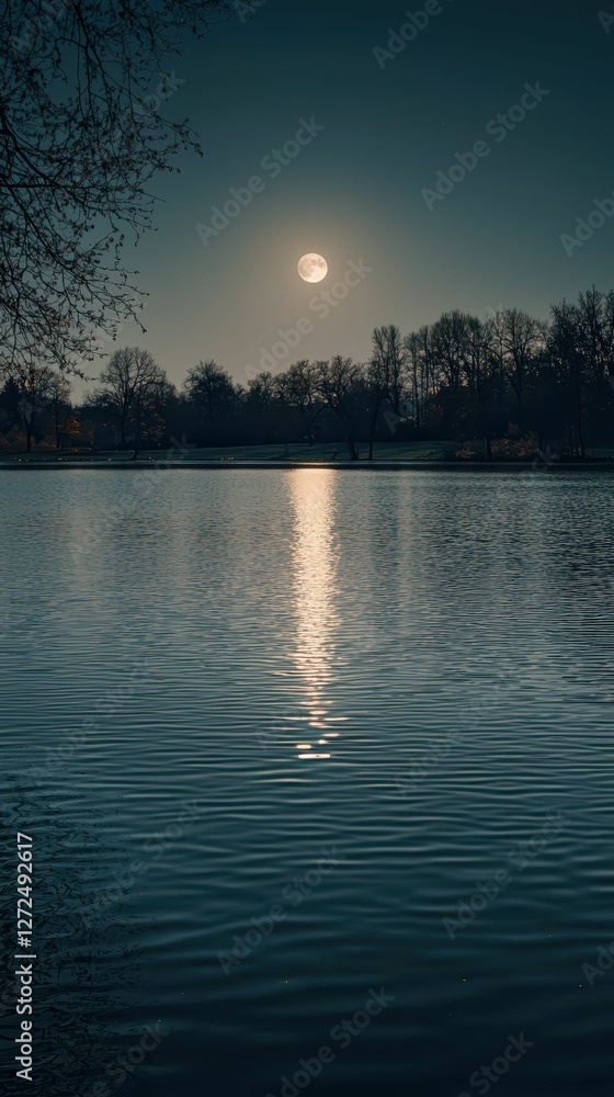 Serene Lakeside Scene with Illuminated Water and Full Moon Serene Lakeside Scene with Illuminated Water and Full Moon