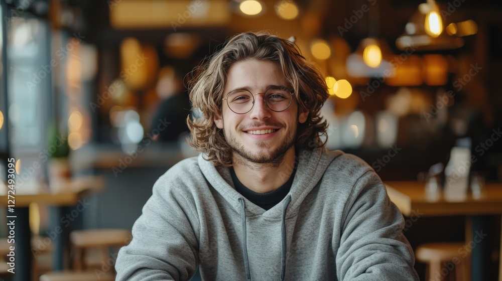 Smiling Young Man in Casual Sweatshirt at Trendy Cafe Smiling Young Man in Casual Sweatshirt at Trendy Cafe
