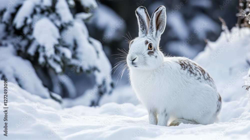 White snowshoe hare in snowy forest, winter wildlife White snowshoe hare in snowy forest, winter wildlife