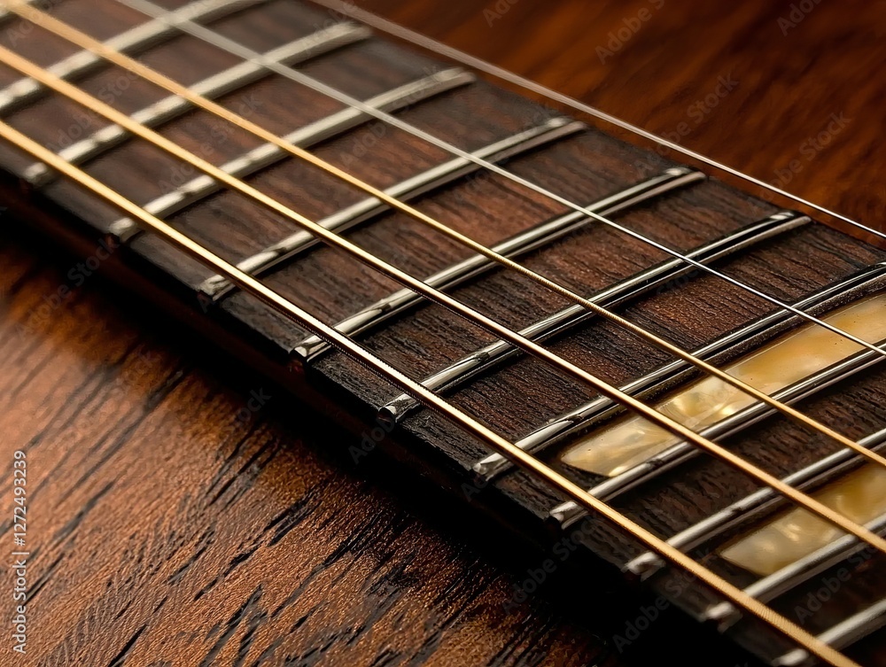 Close-up view of an acoustic guitar fretboard showcasing detailed craftsmanship Close-up view of an acoustic guitar fretboard showcasing detailed craftsmanship