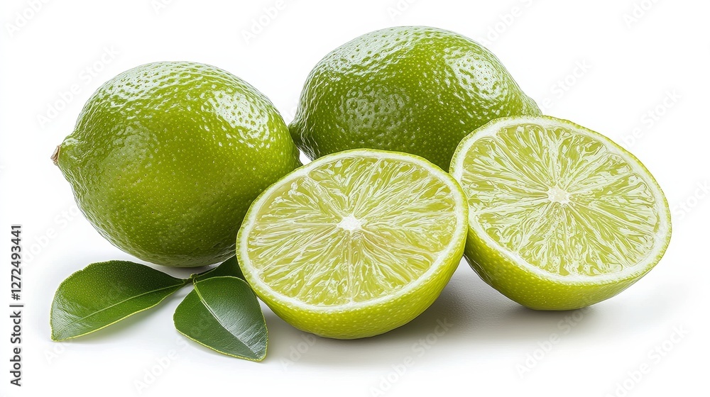 Fresh and Vibrant Limes with Leaves on a Clean White Background Perfect for Culinary and Health Inspiration Fresh and Vibrant Limes with Leaves on a Clean White Background Perfect for Culinary and Health Inspiration