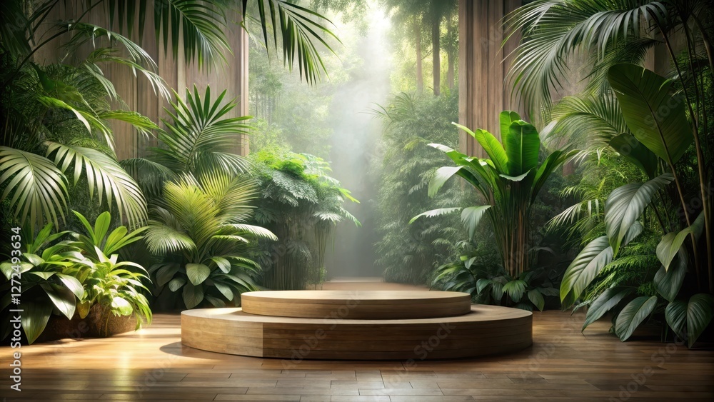 Serene Jungle Setting with Wooden Display Platform Ideal for Product Showcase and Nature-Inspired Branding Serene Jungle Setting with Wooden Display Platform Ideal for Product Showcase and Nature-Inspired Branding