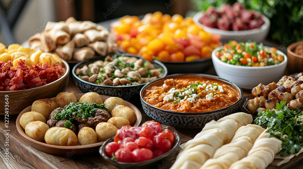 A beautifully arranged table filled with a variety of Middle Eastern dishes, including hummus, grilled meats, fresh vegetables, and bread A beautifully arranged table filled with a variety of Middle Eastern dishes, including hummus, grilled meats, fresh vegetables, and bread