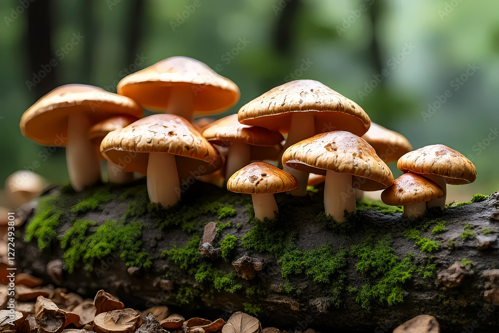 Cluster of Mushrooms on Mossy Log in Forest Cluster of Mushrooms on Mossy Log in Forest