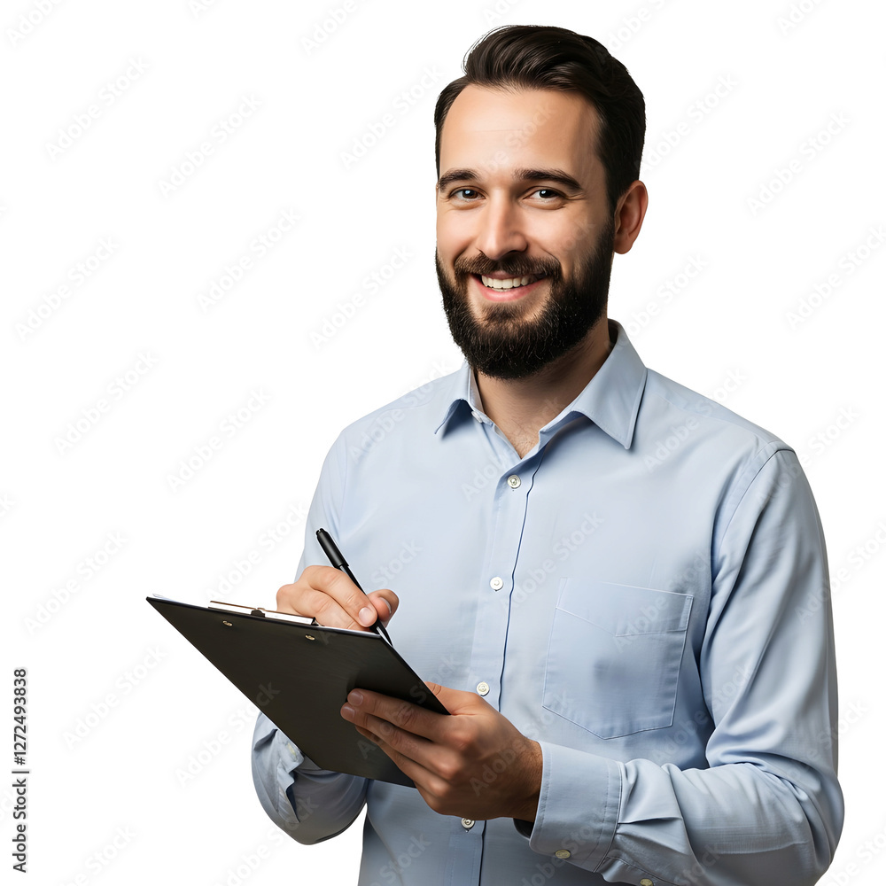 Smiling bearded businessman holding a clipboard and pen on a transparent background Smiling bearded businessman holding a clipboard and pen on a transparent background
