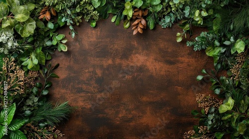 Green foliage and leaves frame a rustic dark brown wooden surface, creating a natural border with copy space.
