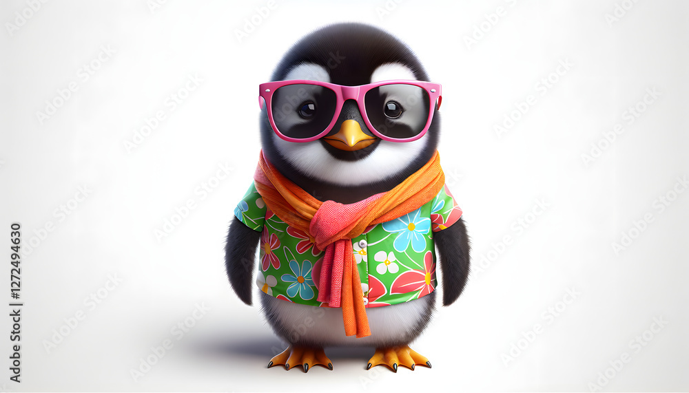 Fototapeta premium Fun Cartoon Penguin Wearing Sunglasses and Floral Shirt