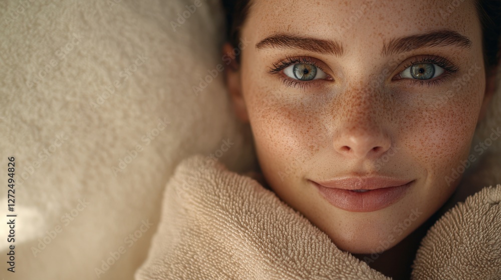 Close-Up of a Relaxed Young Woman with Freckles in a Spa Setting Close-Up of a Relaxed Young Woman with Freckles in a Spa Setting