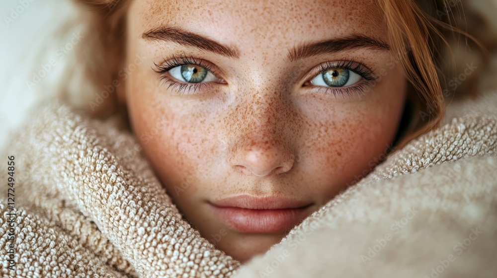 Close-up Portrait of a Young Woman with Freckles and Blue Eyes Close-up Portrait of a Young Woman with Freckles and Blue Eyes
