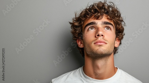 Thoughtful Young Man with Curly Hair Looking Upward Against Gray Wall