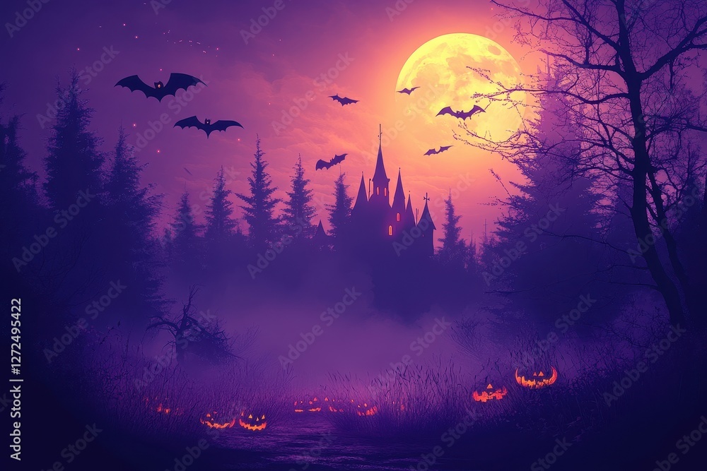 Spooky Halloween castle scene, bats fly, pumpkins glow under a full moon. Perfect for Halloween greeting cards, spooky websites, or autumnal designs. Spooky Halloween castle scene, bats fly, pumpkins glow under a full moon. Perfect for Halloween greeting cards, spooky websites, or autumnal designs.