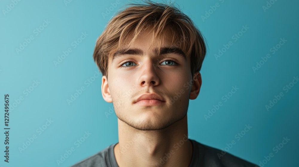 Stylish Young Man with Blue Eyes Against a Turquoise Background Stylish Young Man with Blue Eyes Against a Turquoise Background