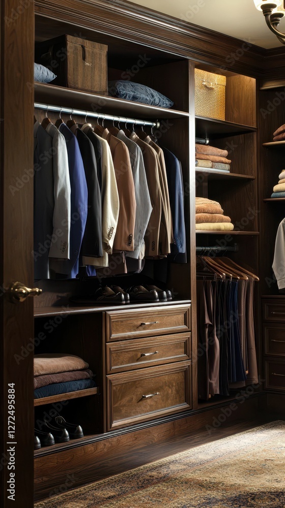 Elegant Custom Wardrobe Design with Dark Wood and Organized Layout Elegant Custom Wardrobe Design with Dark Wood and Organized Layout