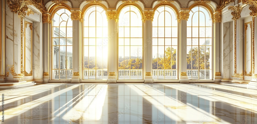 Obraz premium Sunlit Grandeur: Palace Hall with Golden Accents and Scenic Views
