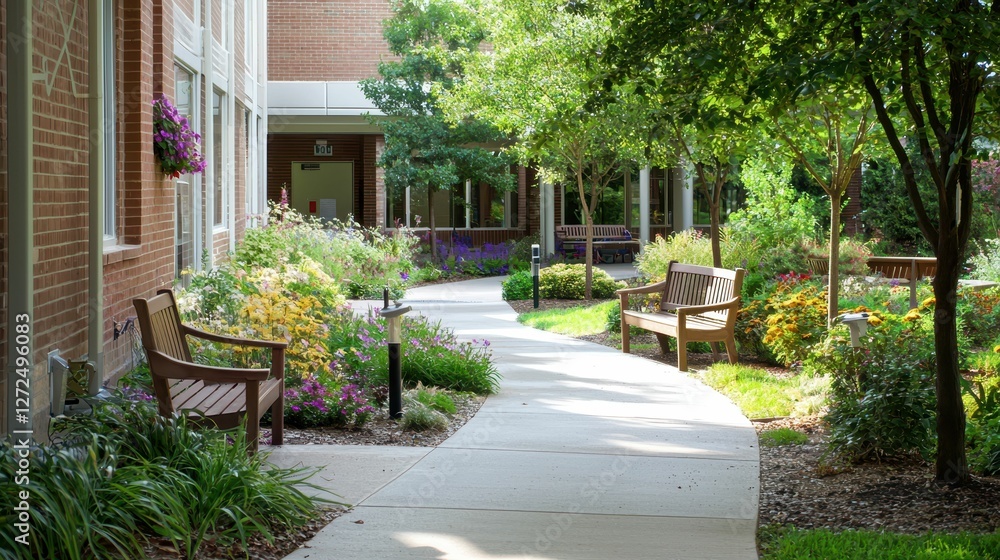 Obraz premium Spacious Garden Area Designed for Patient Relaxation in Hospital
