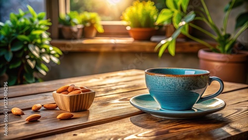 Wallpaper Mural Serene morning moment  a teal teacup rests on a rustic wooden table beside a small bowl of almonds, bathed in warm sunlight filtering through nearby plants. Torontodigital.ca