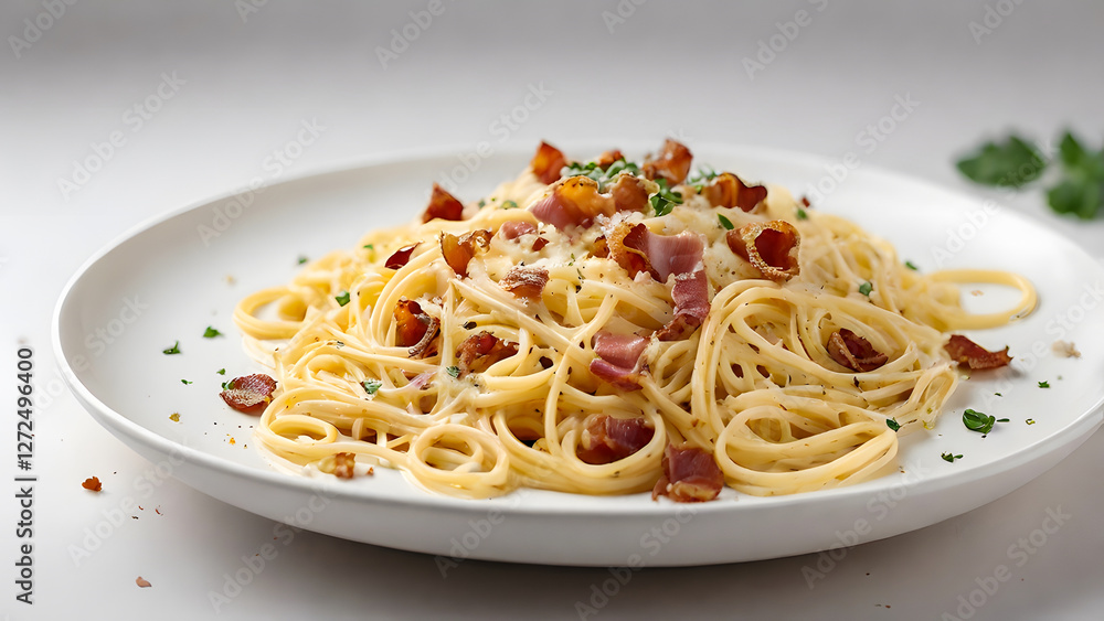 A close-up shot of spaghetti carbonara, showcasing the perfectly cooked pasta, the crispy bacon, and the luscious creamy sauce. A close-up shot of spaghetti carbonara, showcasing the perfectly cooked pasta, the crispy bacon, and the luscious creamy sauce.